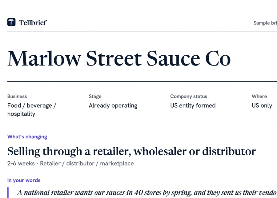 The top of a real sample brief: Marlow Street Sauce Co, its stage and location, what’s changing, and the founder’s own words.