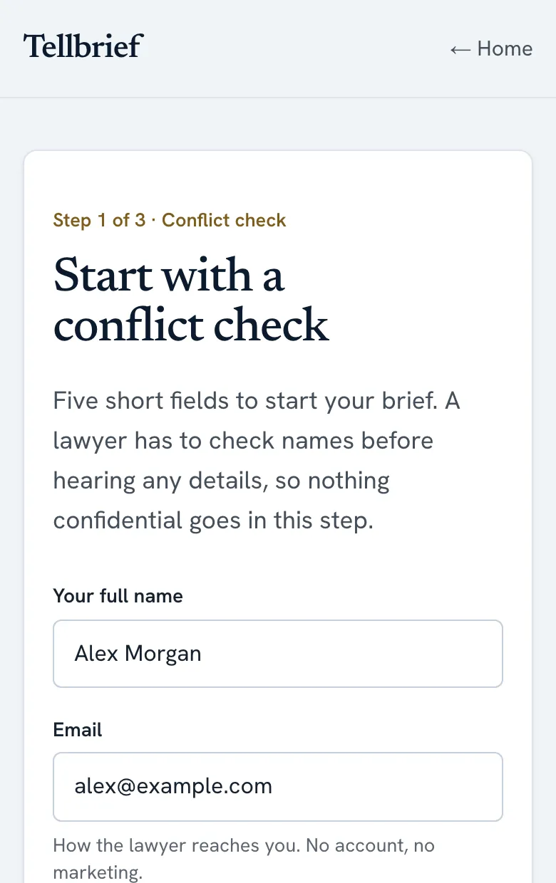 The conflict check on a phone, filled in with example details: name, email and company.