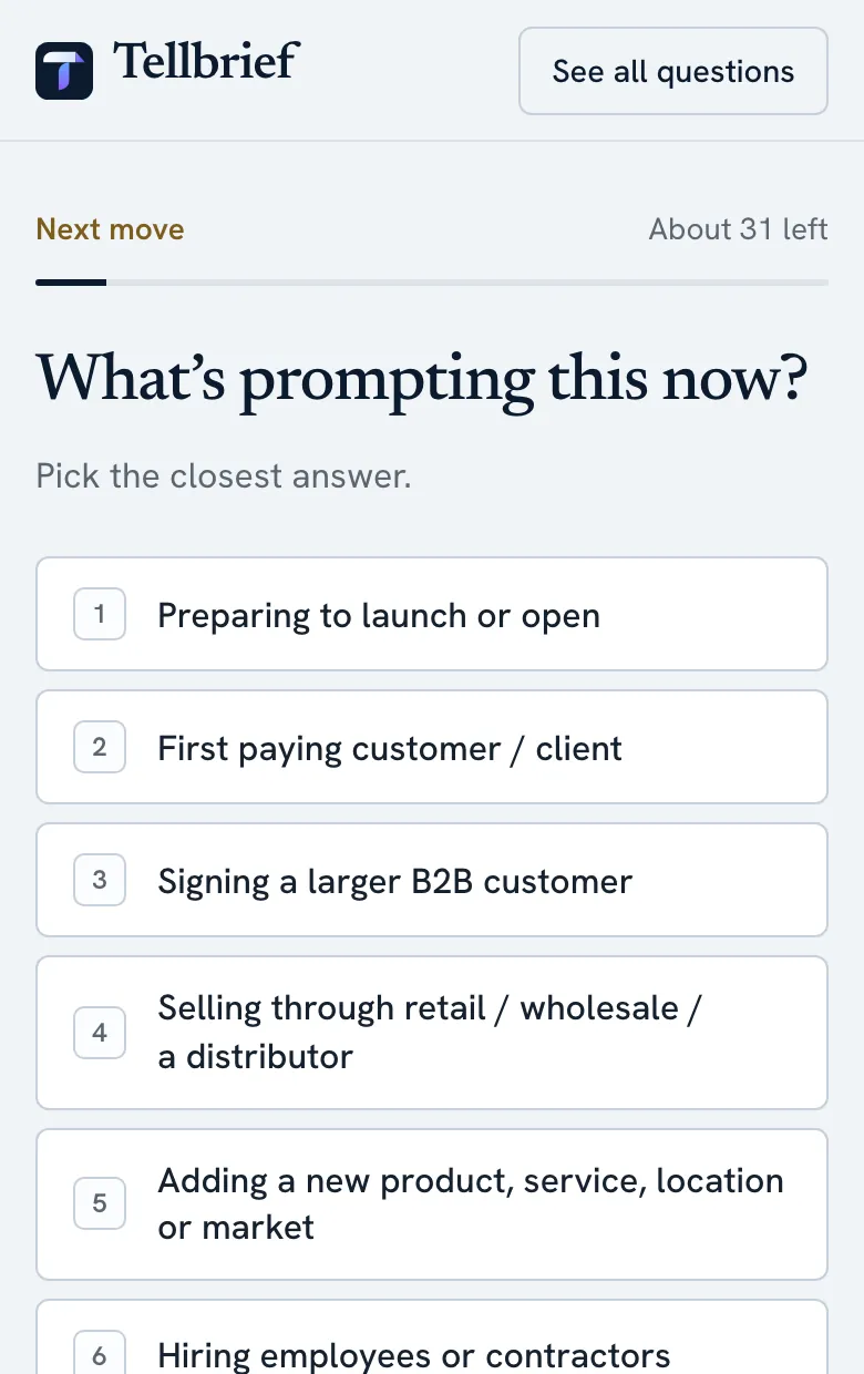 A question on a phone, “What’s prompting this now?”, with numbered answers to tap.