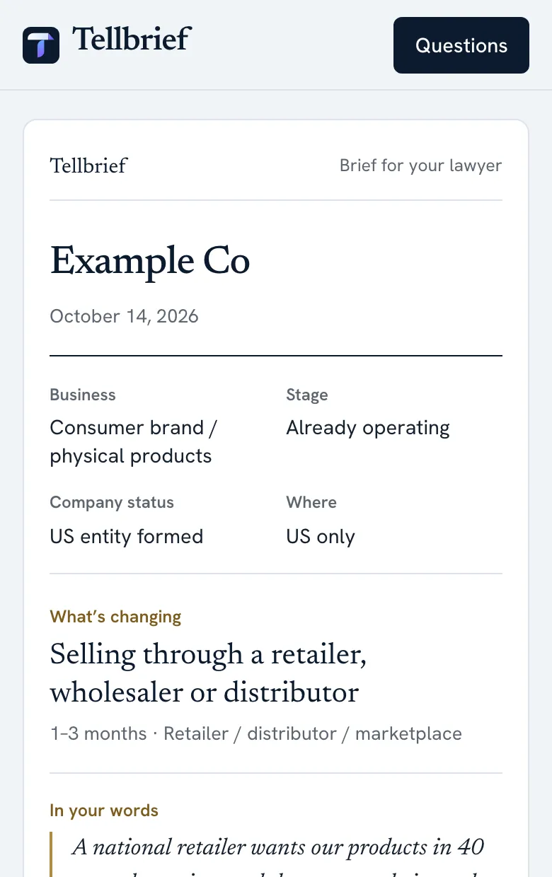 The finished brief on a phone: the company basics, what’s changing and the founder’s own words.