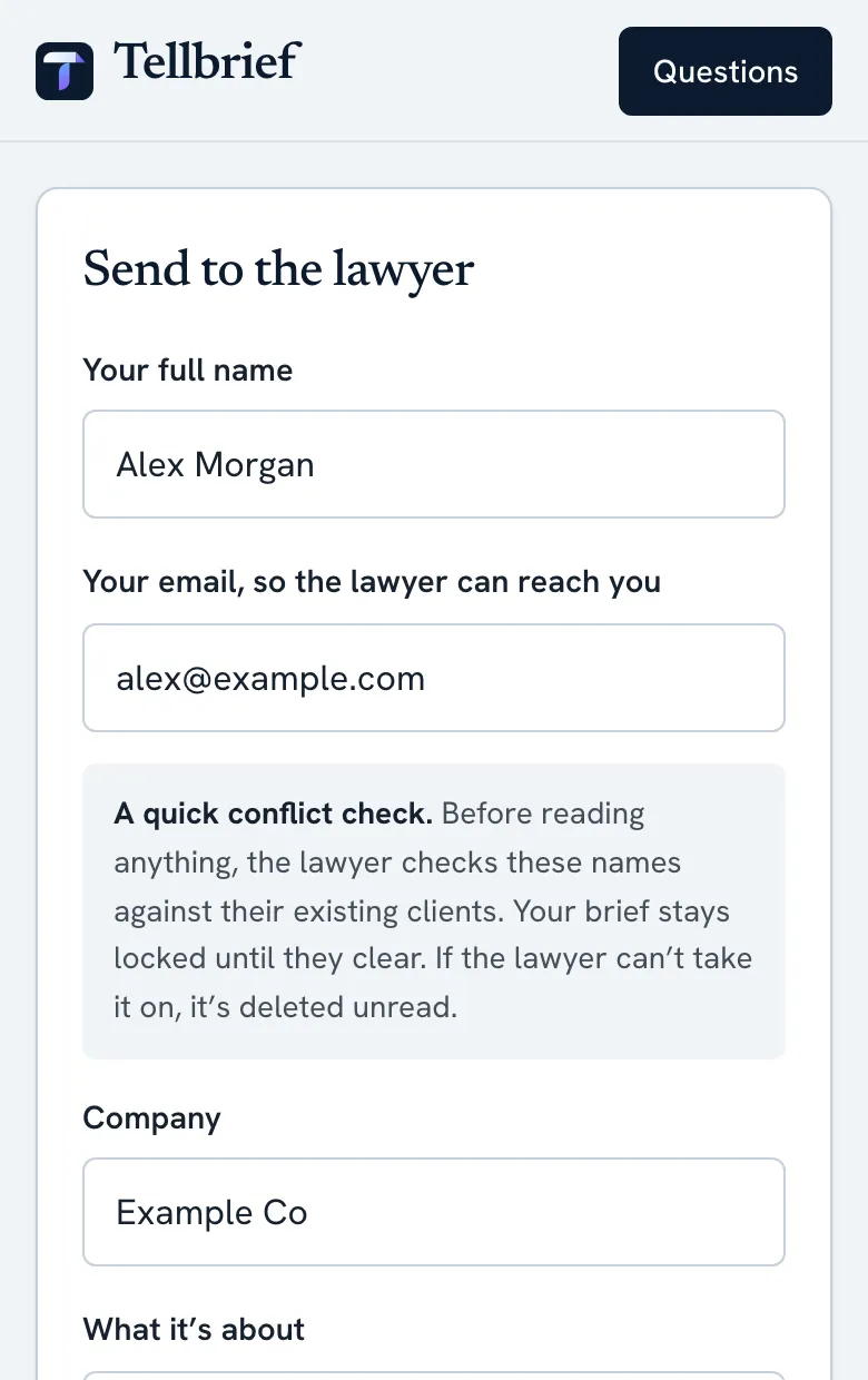 The send step on a phone: name, email and company for a quick conflict check.